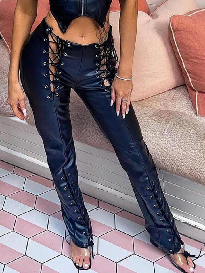 Cut-out Lace Up Pu Leather Pants - AnotherChill