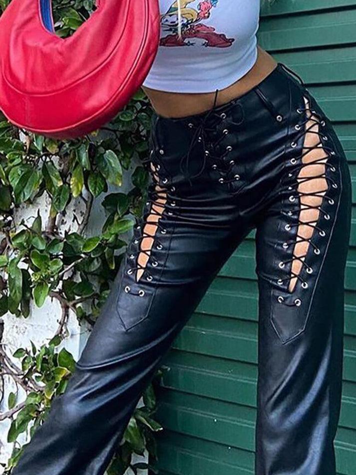 Cut-out Lace Up Pu Leather Pants - AnotherChill