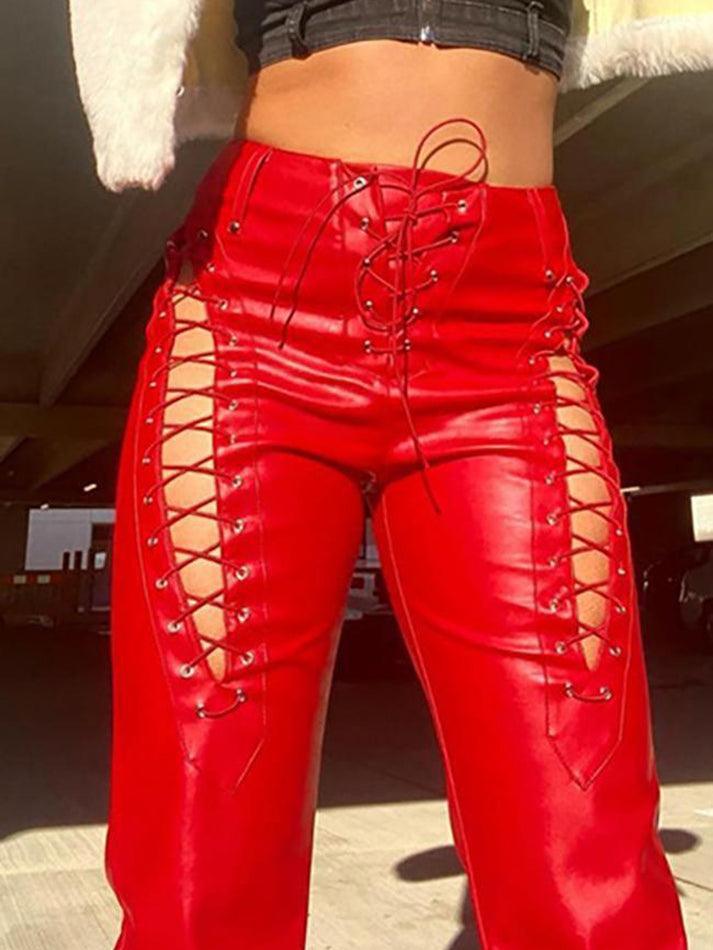 Cut-out Lace Up Pu Leather Pants - AnotherChill