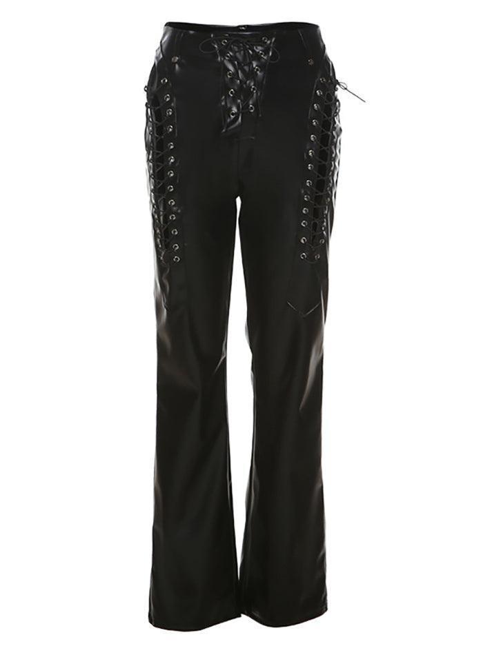 Cut-out Lace Up Pu Leather Pants - AnotherChill