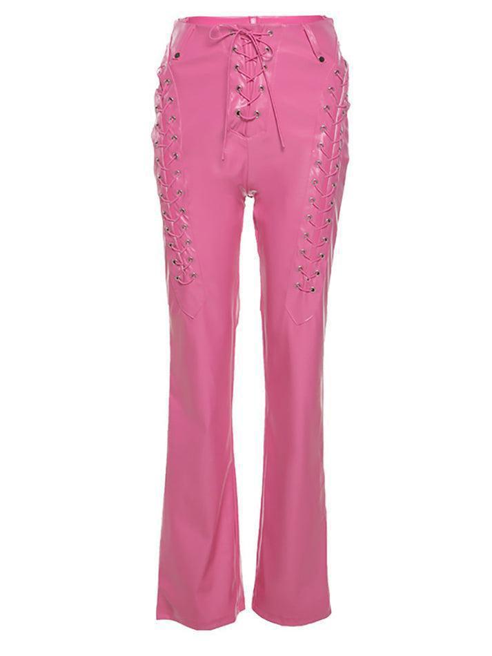 Cut-out Lace Up Pu Leather Pants - AnotherChill