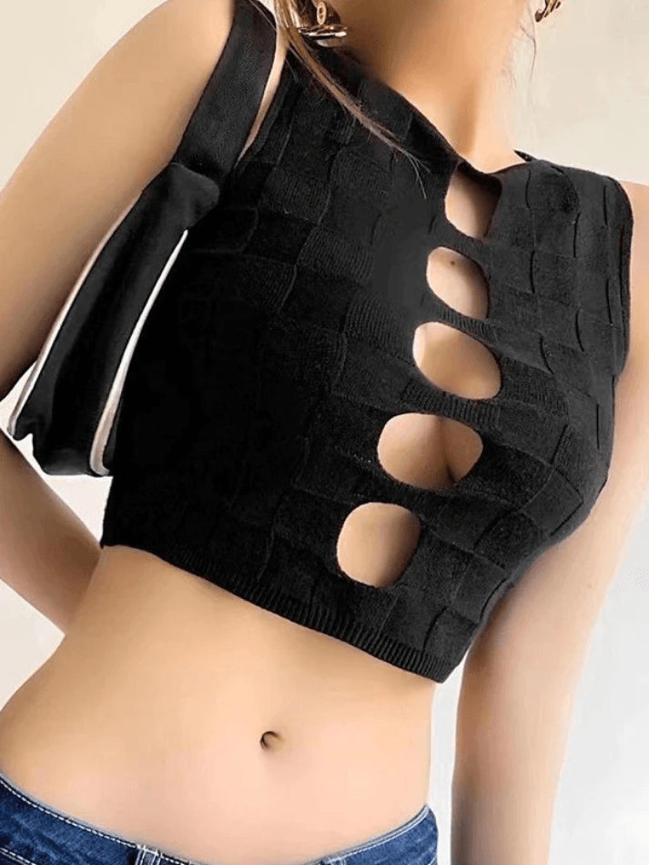 Cutout Checkered Knit Cropped Tank Top - AnotherChill