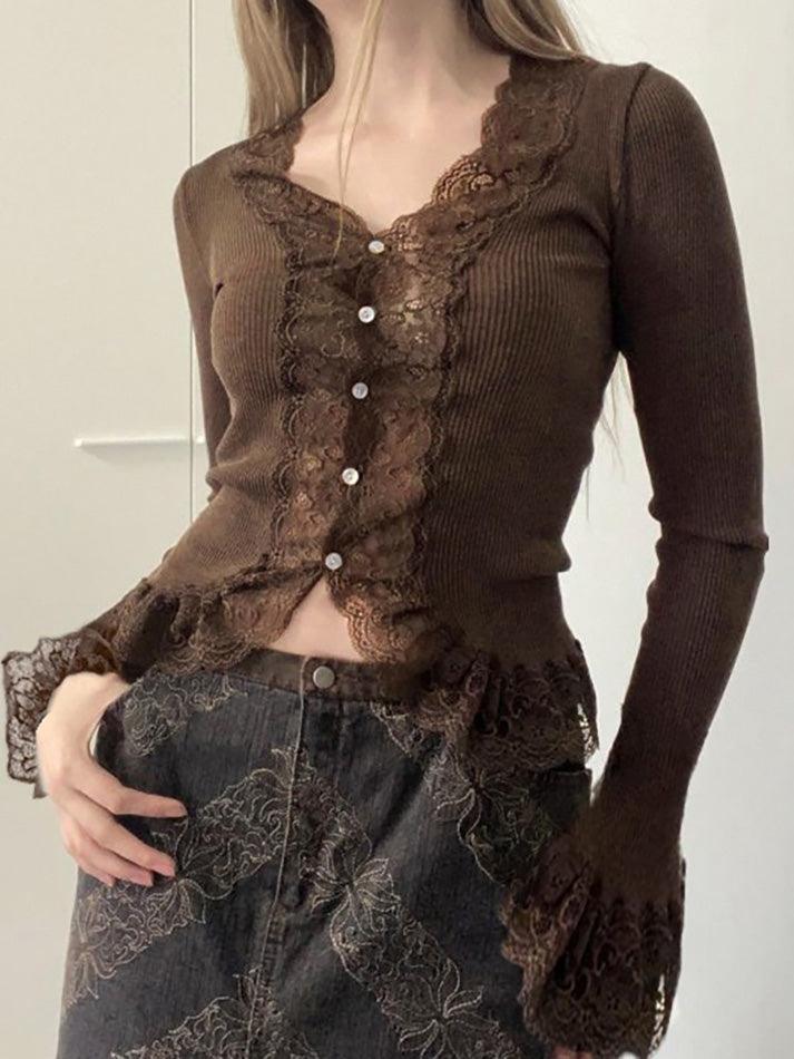 Vintage Lace Trim Sheer Knit Top