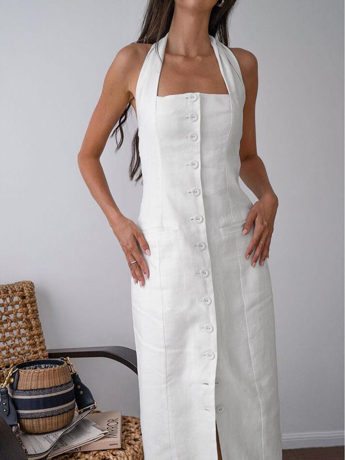 Tied Halter Open Back Cotton Linen Midi Dress - AnotherChill