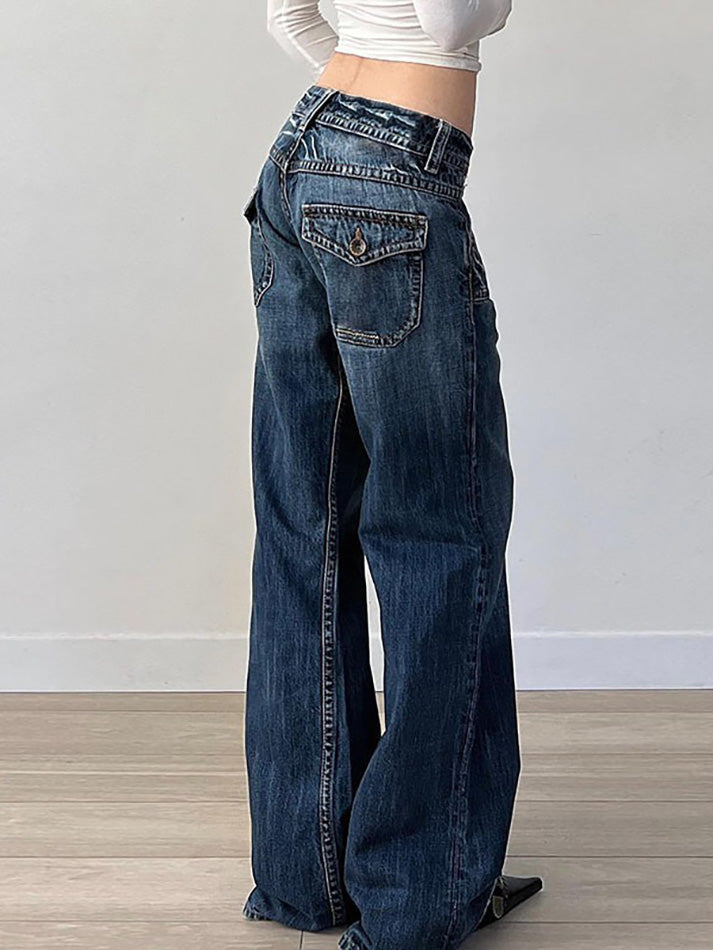 Vintage Pocket Washed Low-Rise Straight-Leg Jeans