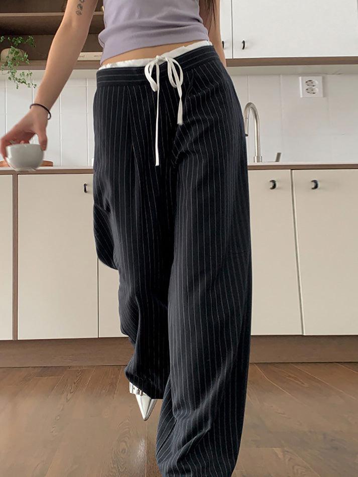 Patchwork Stripe Contrast Color Wide Leg Pants - AnotherChill