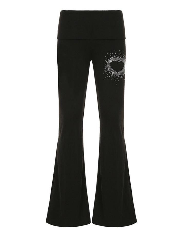 Y2K Heart Rhinestone Foldover Flared Pants