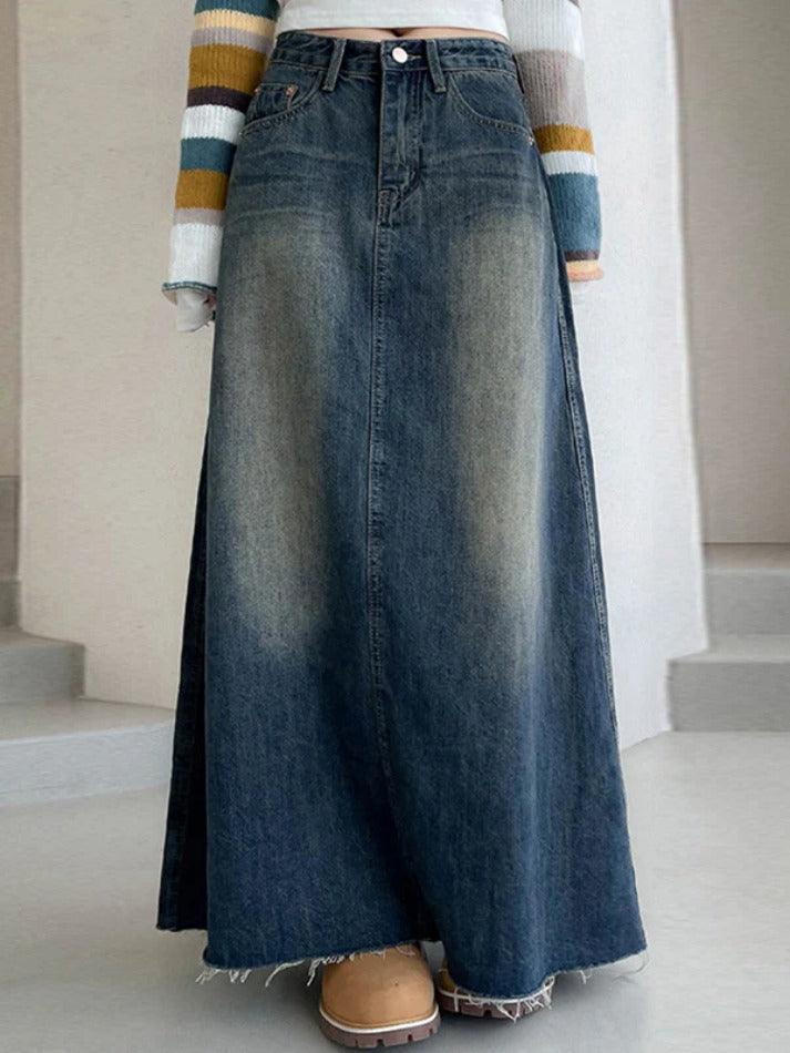 Vintage Washed Denim Maxi Skirt