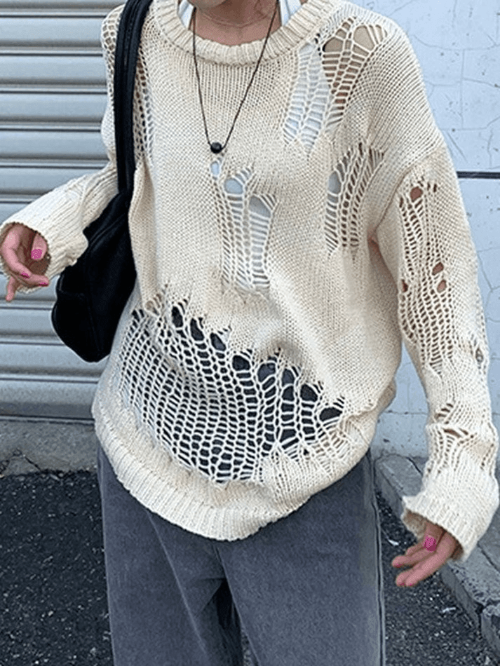 Distressed Crochet Knit Sweater - AnotherChill