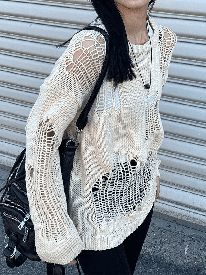 Distressed Crochet Knit Sweater - AnotherChill