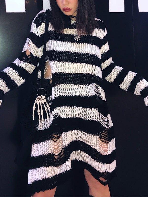 Distressed Stripe Longline Sweater - AnotherChill