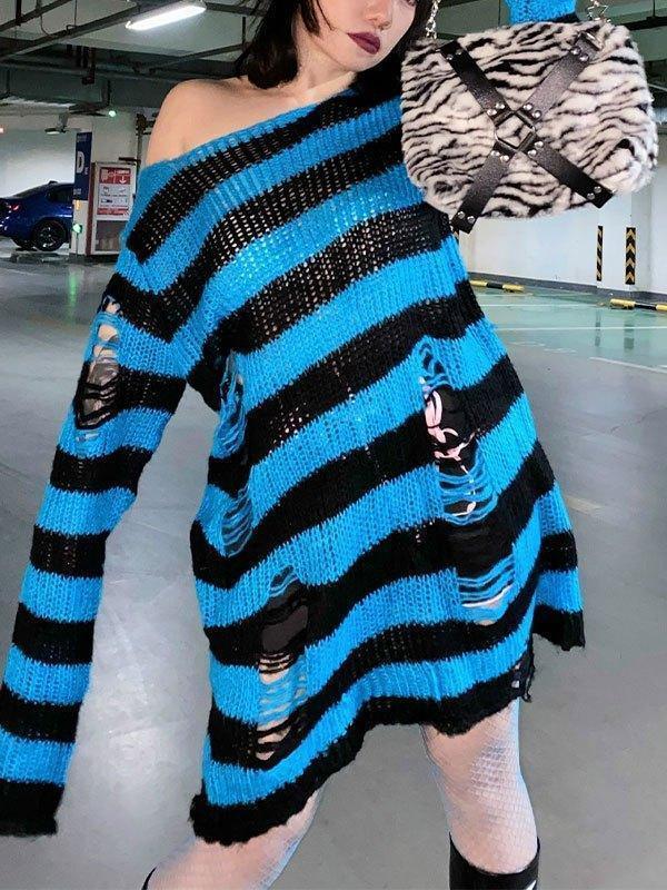 Distressed Stripe Longline Sweater - AnotherChill