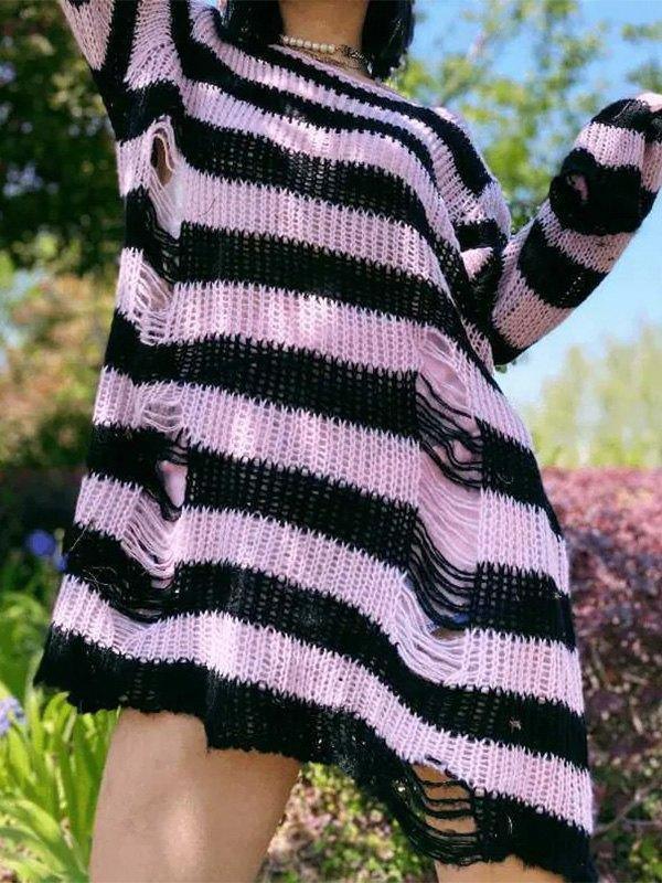 Distressed Stripe Longline Sweater - AnotherChill