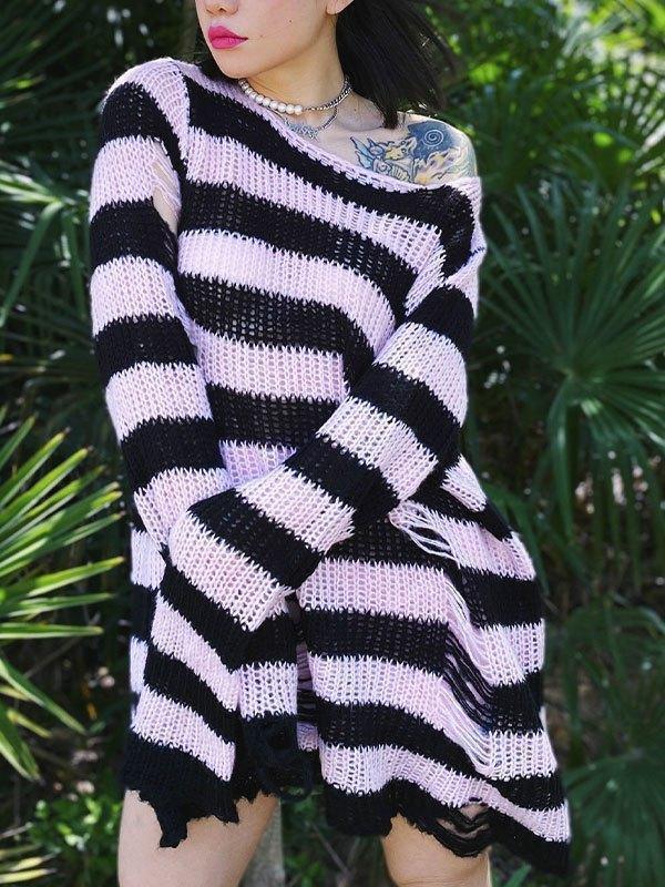 Distressed Stripe Longline Sweater - AnotherChill