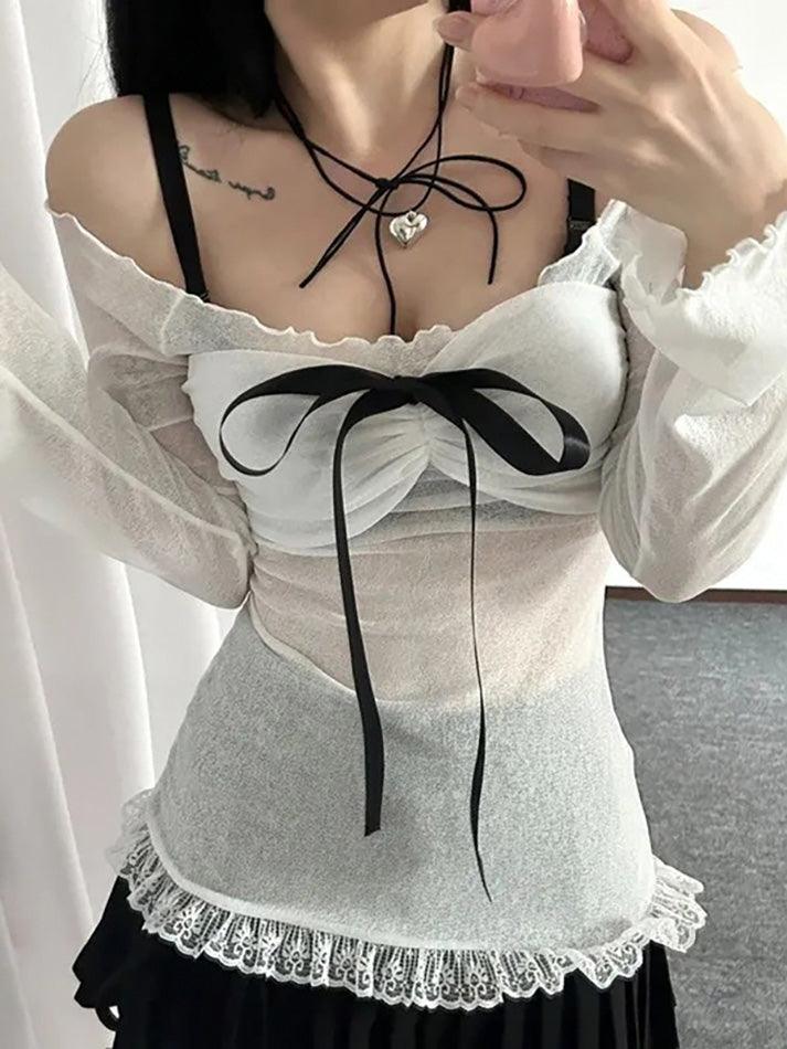 Lace Contrast Bow Ruched Sheer Mesh Top