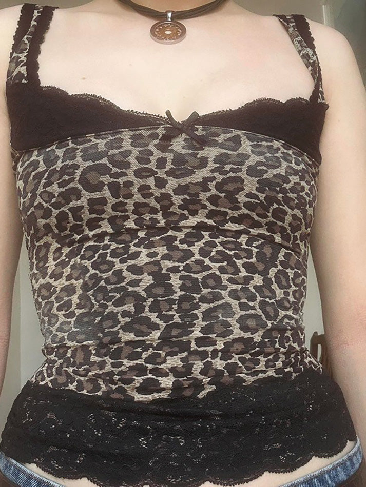 Leopard Print Lace Ruffle Trim Tank Top