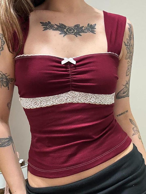 Lace Trim Bow Contrast Tank Top