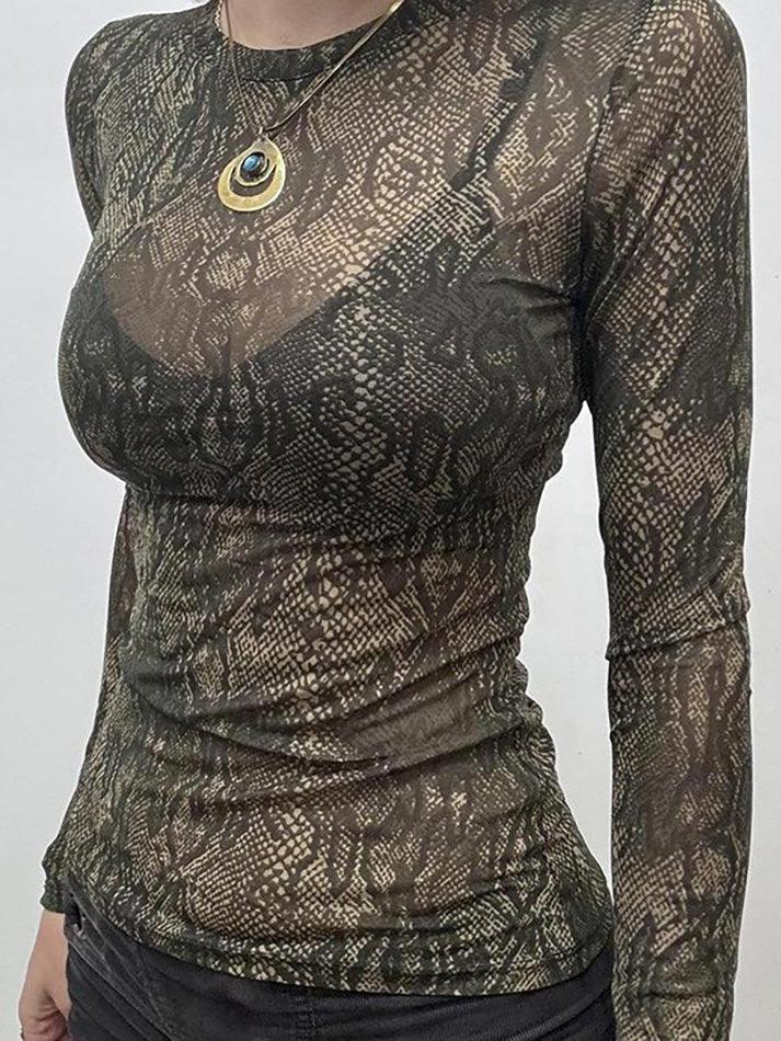 Sheer Snake Print Mesh Long Sleeve Top