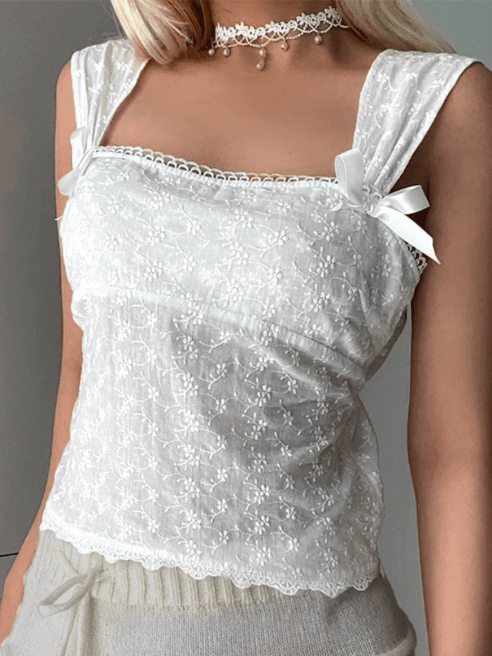 Embroidered Bow Lace Stitching Tank Top - AnotherChill