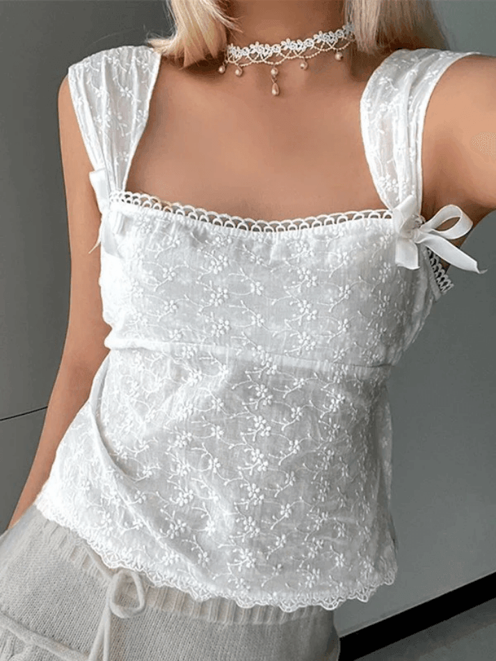 Embroidered Bow Lace Stitching Tank Top - AnotherChill