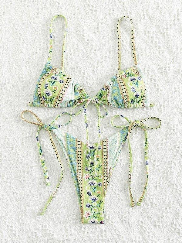 Ethnic Floral Lace Up Bikini Set - AnotherChill