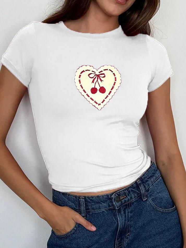 Embroidered Cherry Heart Baby Tee - AnotherChill