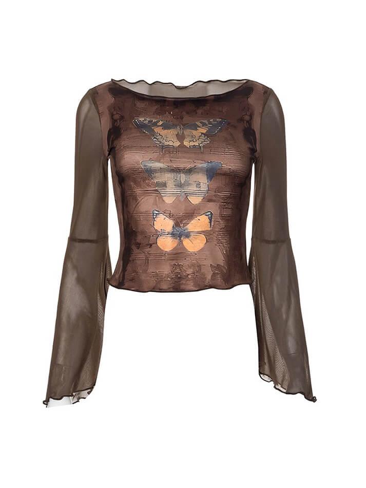 Butterfly Print Mesh Patchwork Flared Sleeve Top - AnotherChill