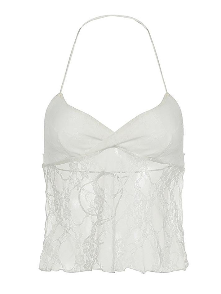 Halter-Neck Plain Lace Panel See-Through Crop Cami Top