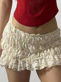 Lace Ruched Low-Rise Double-Layer Mini Skirt