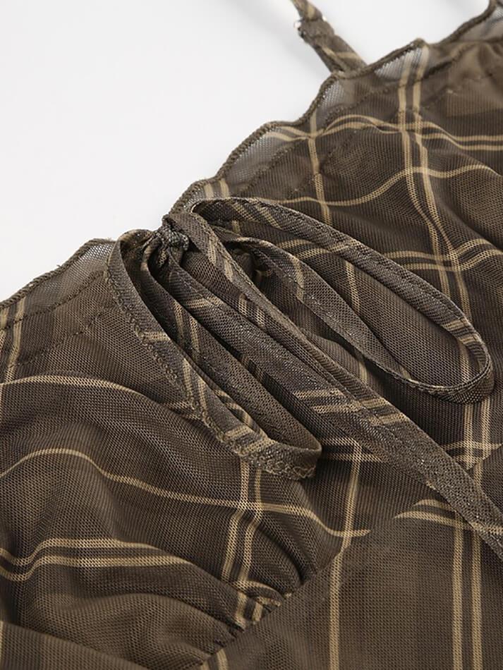 Vintage Plaid Drawstring Tie Mesh Halter Dress - AnotherChill