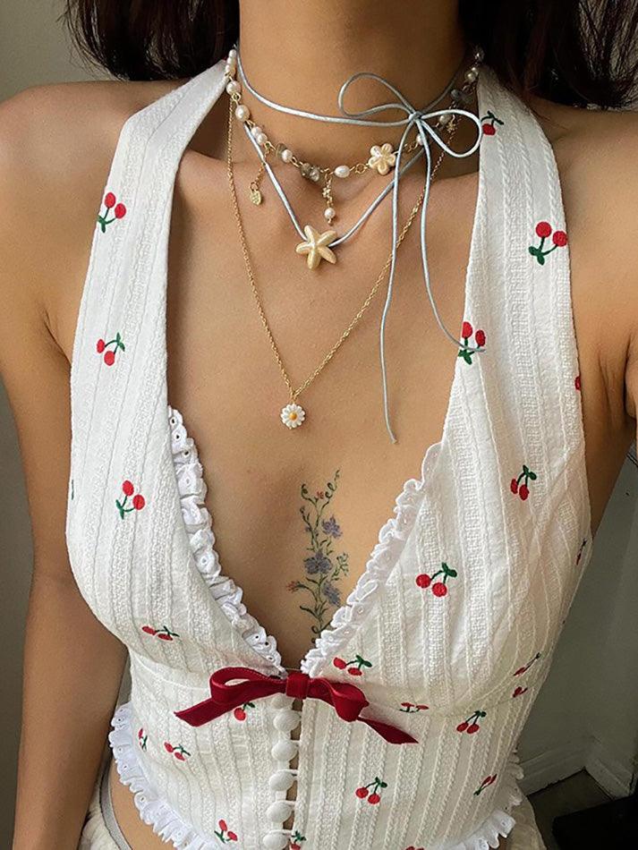 Ruffled Cherry Embroidery Halter Neck Top - AnotherChill