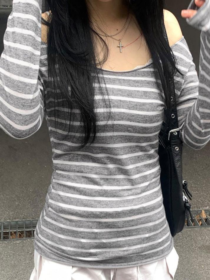 Striped One Shoulder Long Sleeve Tee