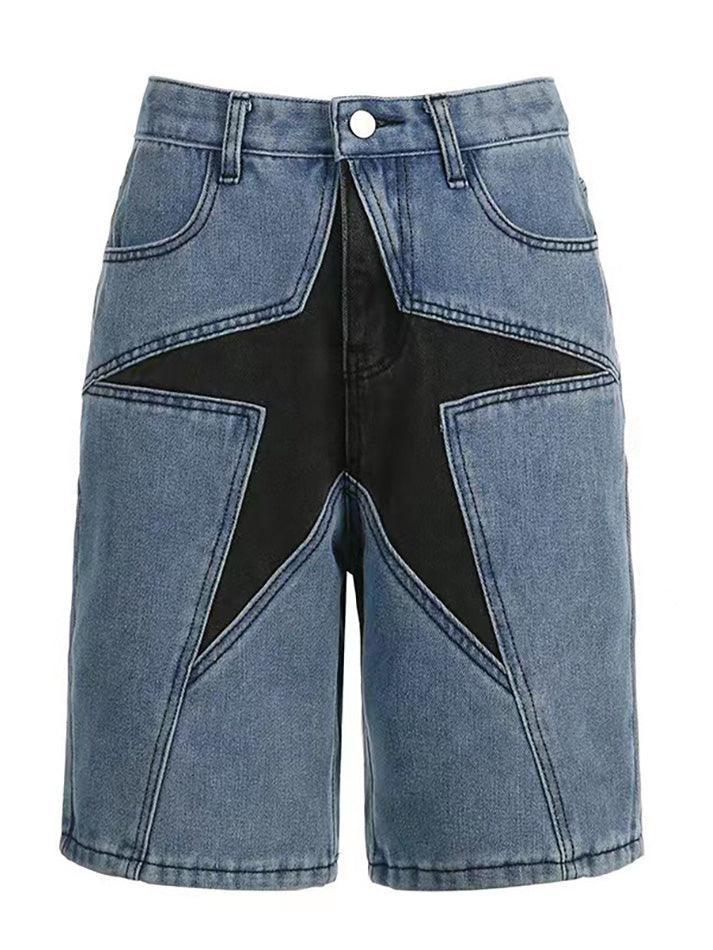 Five-Pointed Star Splicing Slim Ddenim Shorts - AnotherChill