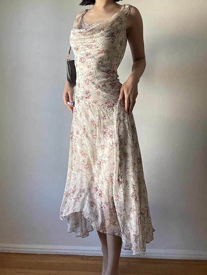 Floral Print Asymmetrical Lace Trim Maxi Dress - AnotherChill