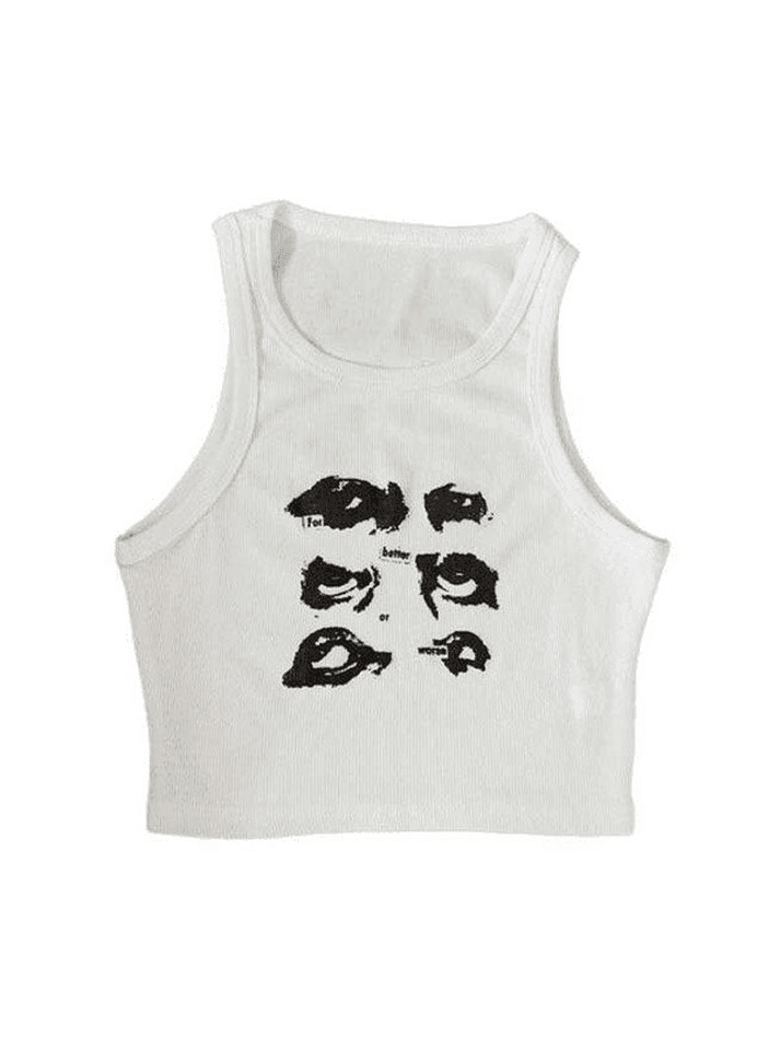 Funny Face Print Cropped Tank Top - AnotherChill