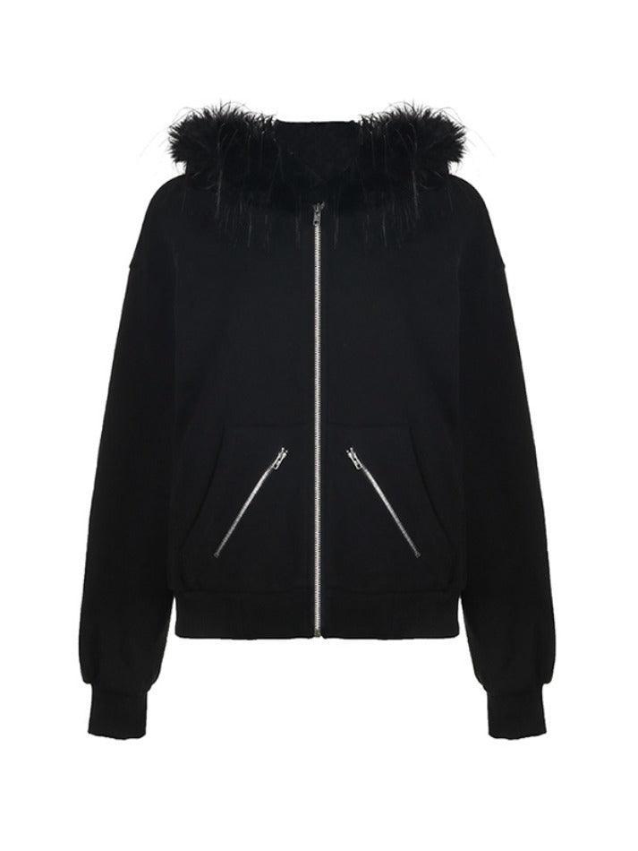 Fuzzy Collar Slant Pocket Oversized Hoodie - AnotherChill