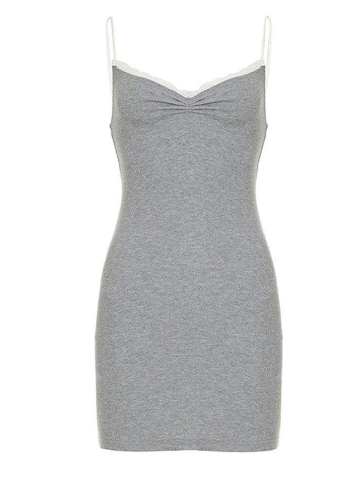 Gray Lace Trim V-Neck Cami Dress - AnotherChill