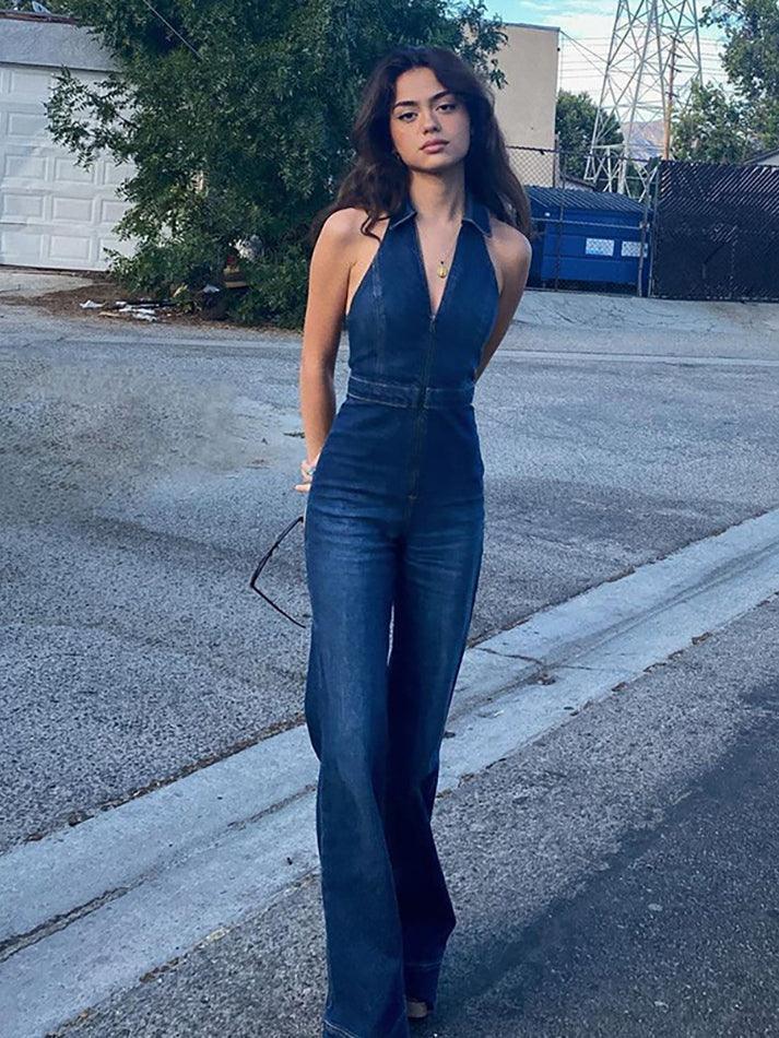 Halter Neck Denim Jumpsuit - AnotherChill