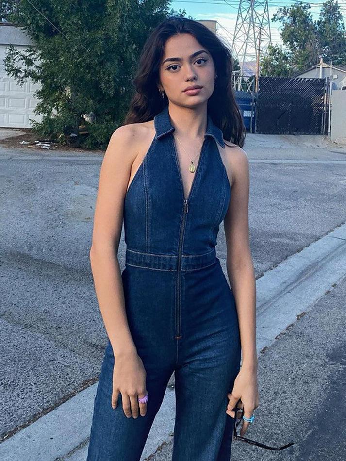 Halter Neck Denim Jumpsuit - AnotherChill