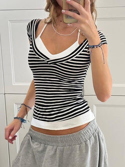 Halter Tie Contrast Striped Faux Two-Piece Top - AnotherChill