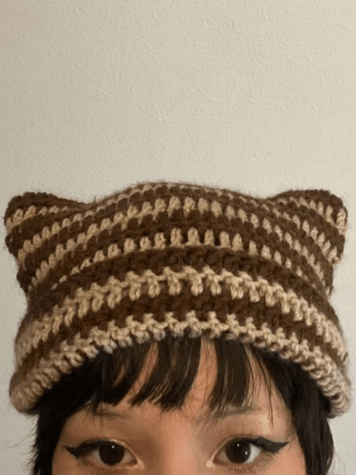 Hand Made Horn Detail Striped Knitted Hat - AnotherChill