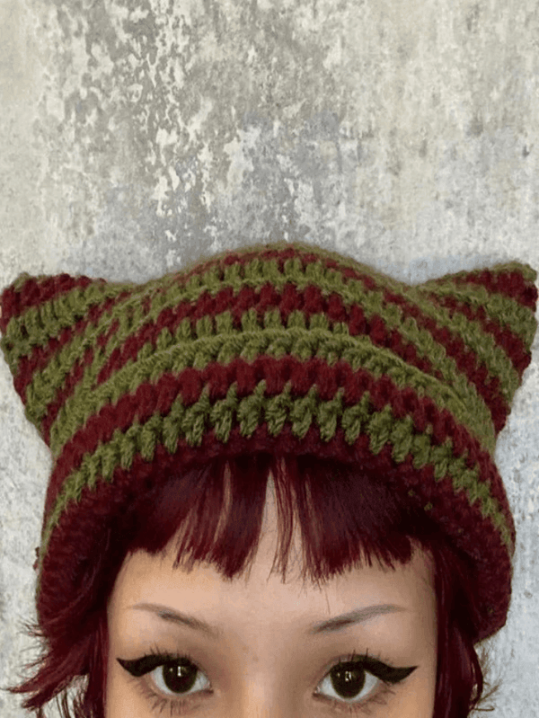 Hand Made Horn Detail Striped Knitted Hat - AnotherChill