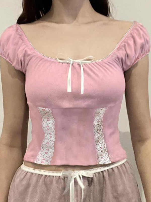 Heart Hollow Lace Bow Crop Top - AnotherChill