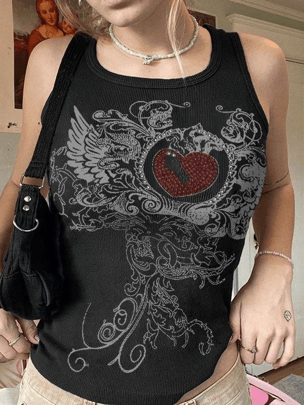 Heart Rhinestone Rib Crop Tank Top - AnotherChill