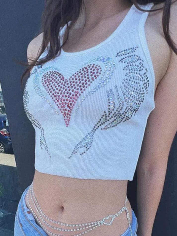 Heart Rhinestone U Neck Crop Tank Top - AnotherChill