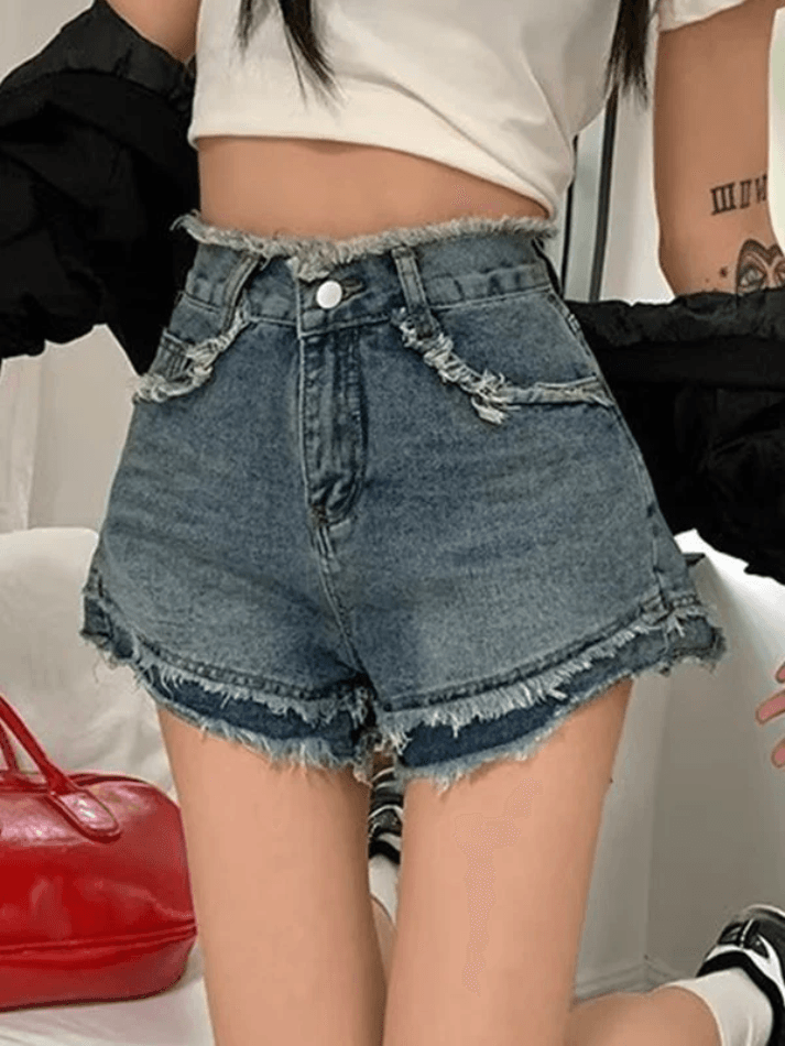 High Waist Frayed Denim Shorts - AnotherChill