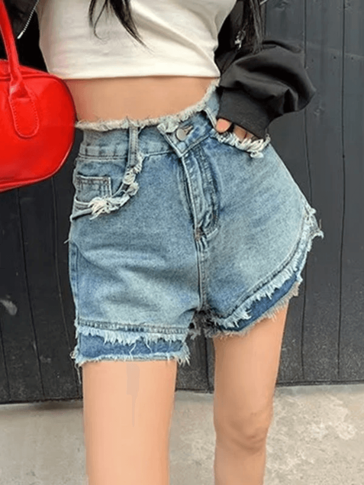 High Waist Frayed Denim Shorts - AnotherChill