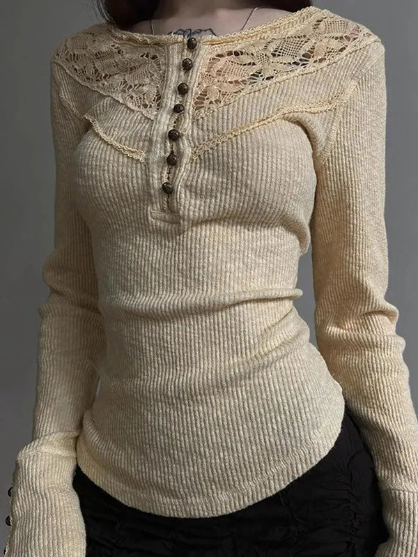 Lace Button-Up Crew Neck Long Sleeve Top - AnotherChill