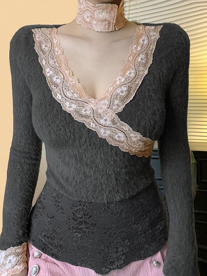 Lace Contrast V-Neck Long Sleeve Top - AnotherChill