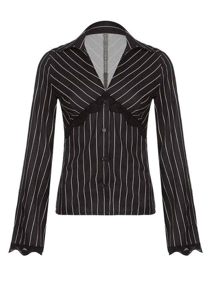 Lace Paneled Long Sleeve Striped Blouse - AnotherChill